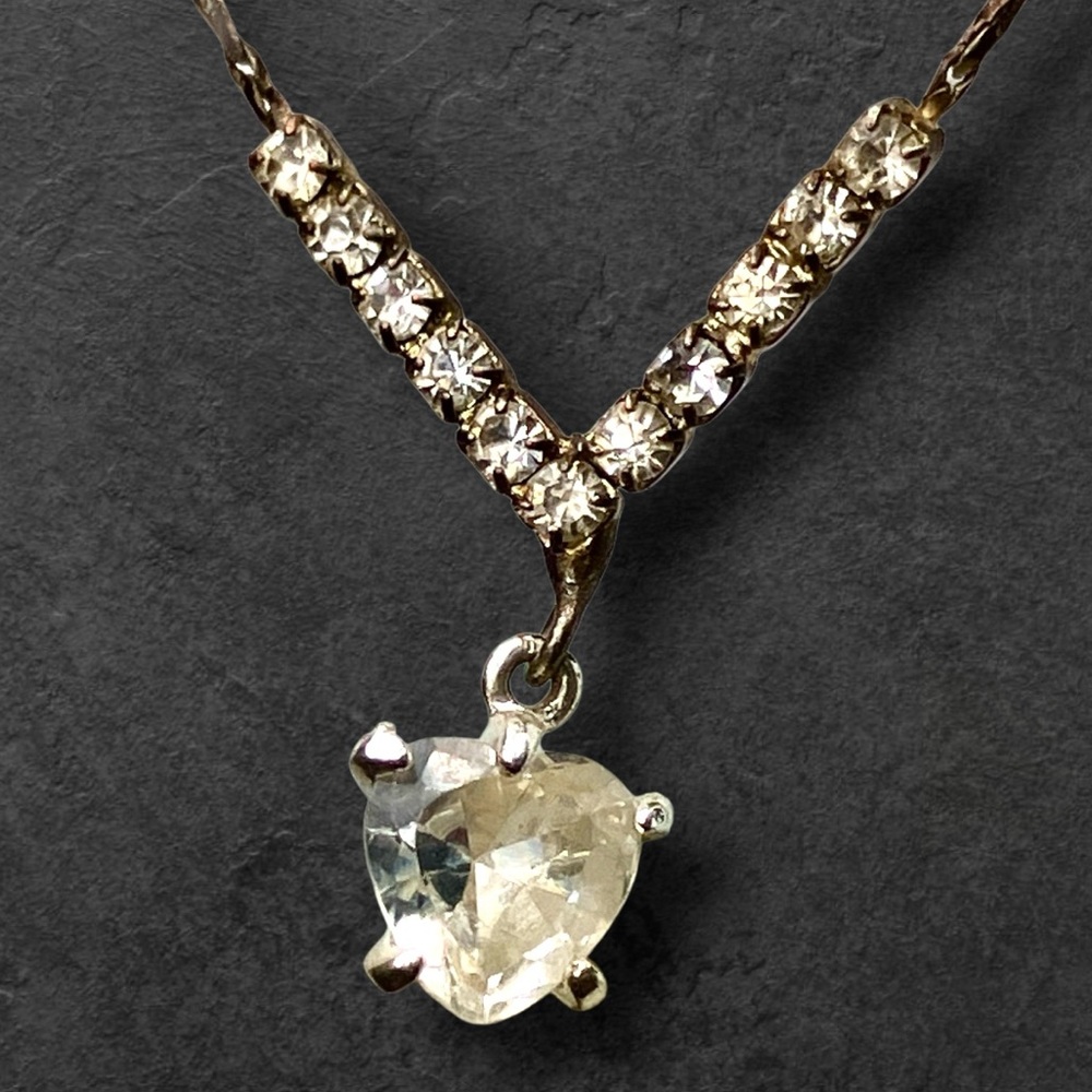Vintage Silver Tone Heart Necklace Rhinestone Y Drop Romantic Jewelry